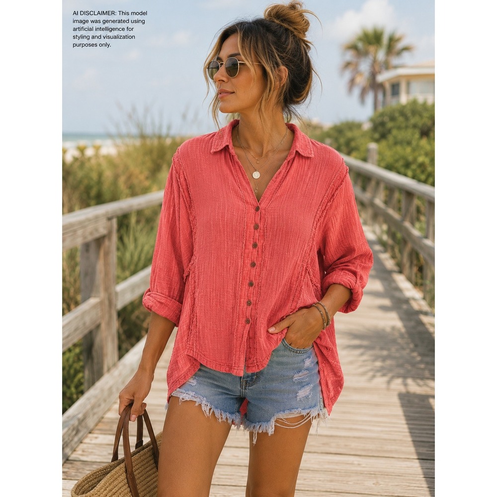 Free People Coral-Red Button Front Gauze Shirt